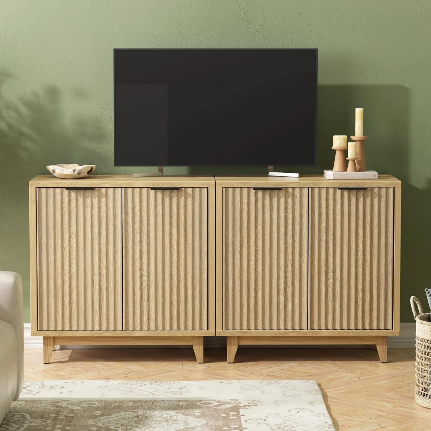 Fluted Cabinet with Storage, 2 Doors Sideboard Buffet, Mid Century Modern Accent Cabinet with Adjustable Shelves, Multifunctional Console Table with Storage for Living Room, Kitchen, Entryway