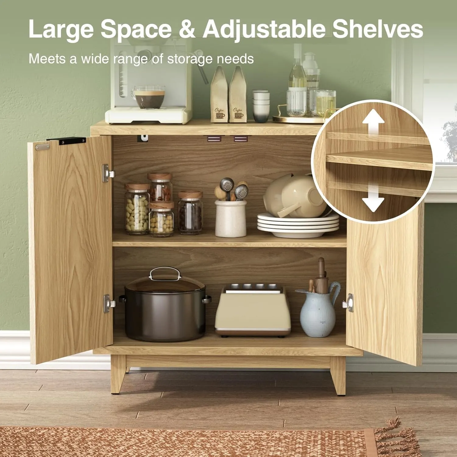 Fluted Cabinet with Storage, 2 Doors Sideboard Buffet, Mid Century Modern Accent Cabinet with Adjustable Shelves, Multifunctional Console Table with Storage for Living Room, Kitchen, Entryway