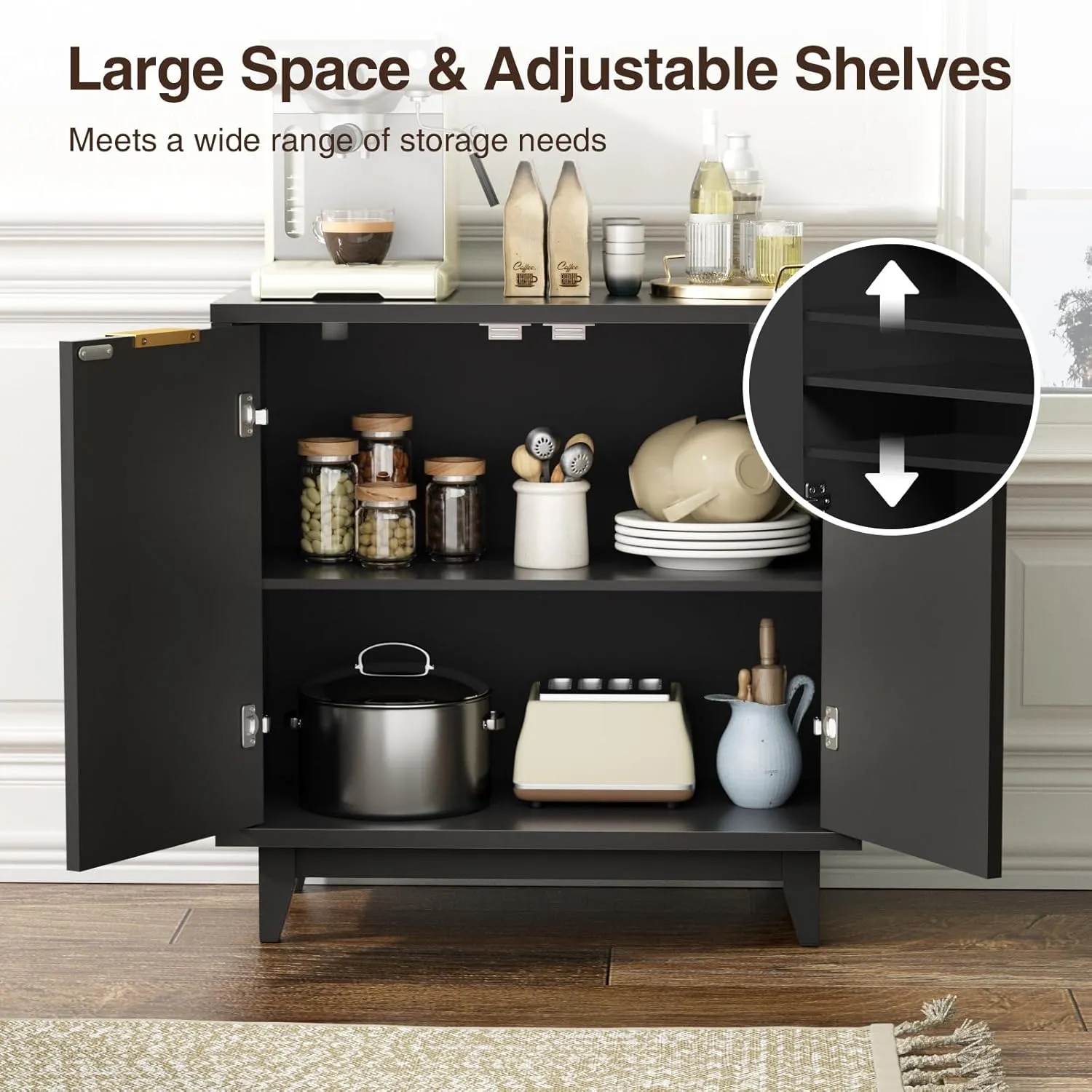 Fluted Cabinet with Storage, 2 Doors Sideboard Buffet, Mid Century Modern Accent Cabinet with Adjustable Shelves, Multifunctional Console Table with Storage for Living Room, Kitchen, Entryway