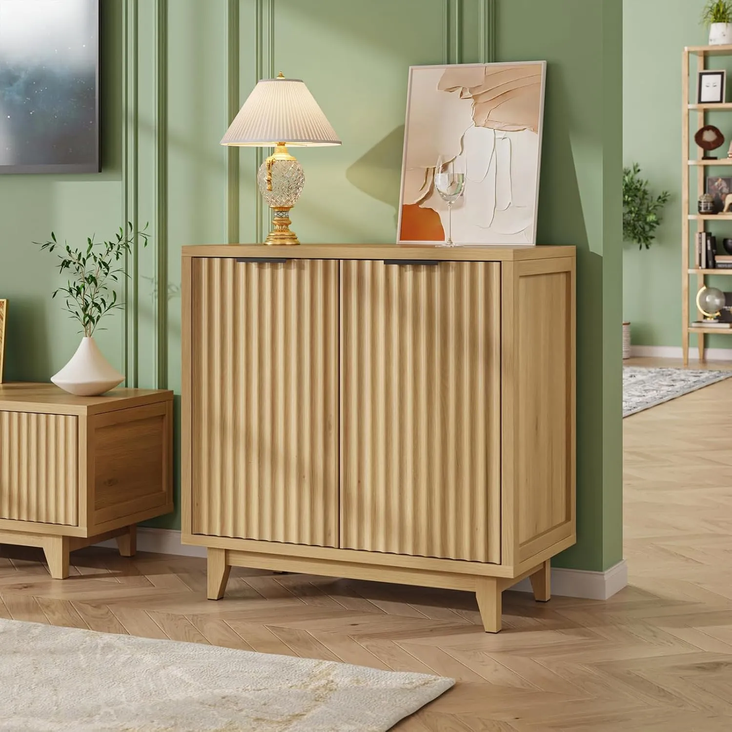 Fluted Cabinet with Storage, 2 Doors Sideboard Buffet, Mid Century Modern Accent Cabinet with Adjustable Shelves, Multifunctional Console Table with Storage for Living Room, Kitchen, Entryway