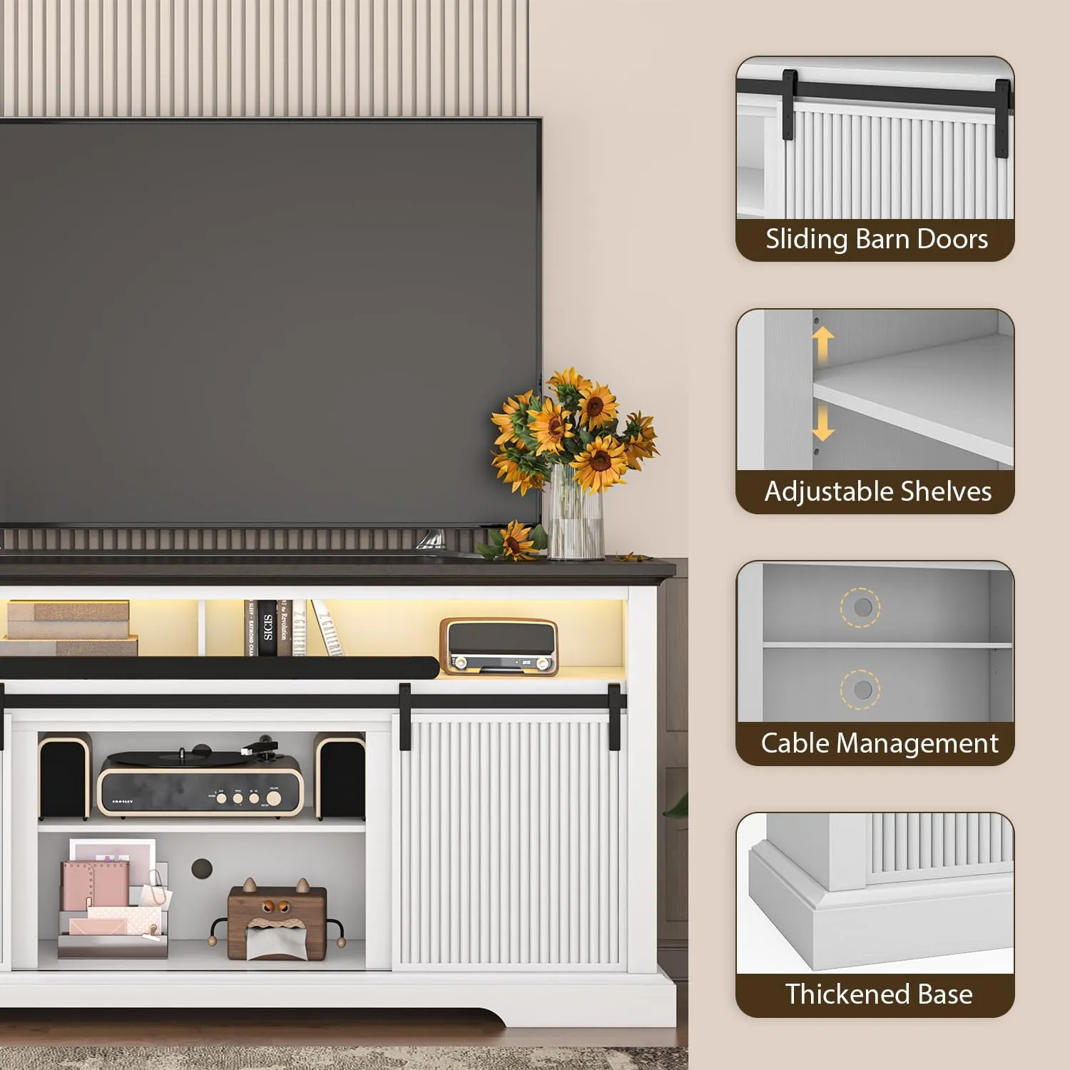 Fluted TV Stands for 75 Inch TV, 32" Tall Entertainment Center with Led, Outlet, Sliding Door & Storage Cabinet, Modern Media Console for Living Room & Bedroom, Television Stand for 70, 65", White