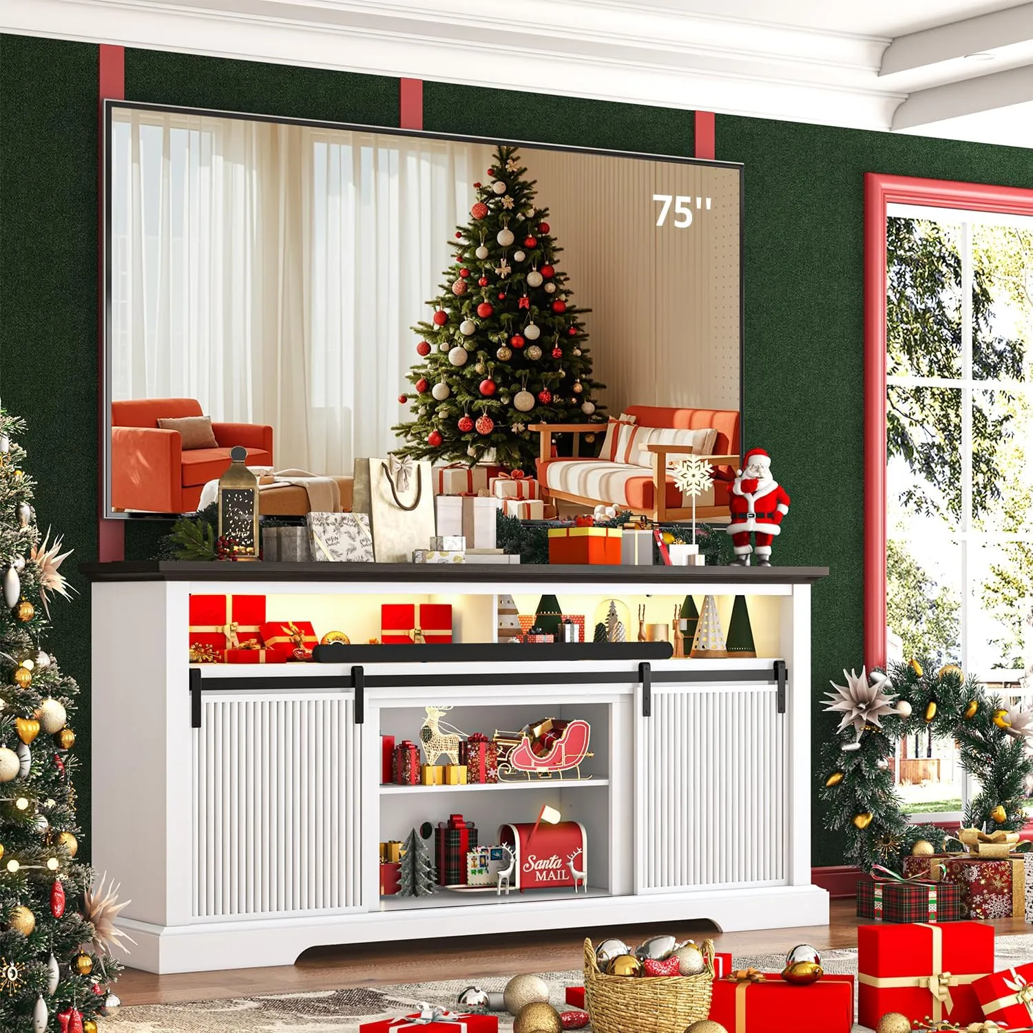 Fluted TV Stands for 75 Inch TV, 32" Tall Entertainment Center with Led, Outlet, Sliding Door & Storage Cabinet, Modern Media Console for Living Room & Bedroom, Television Stand for 70, 65", White