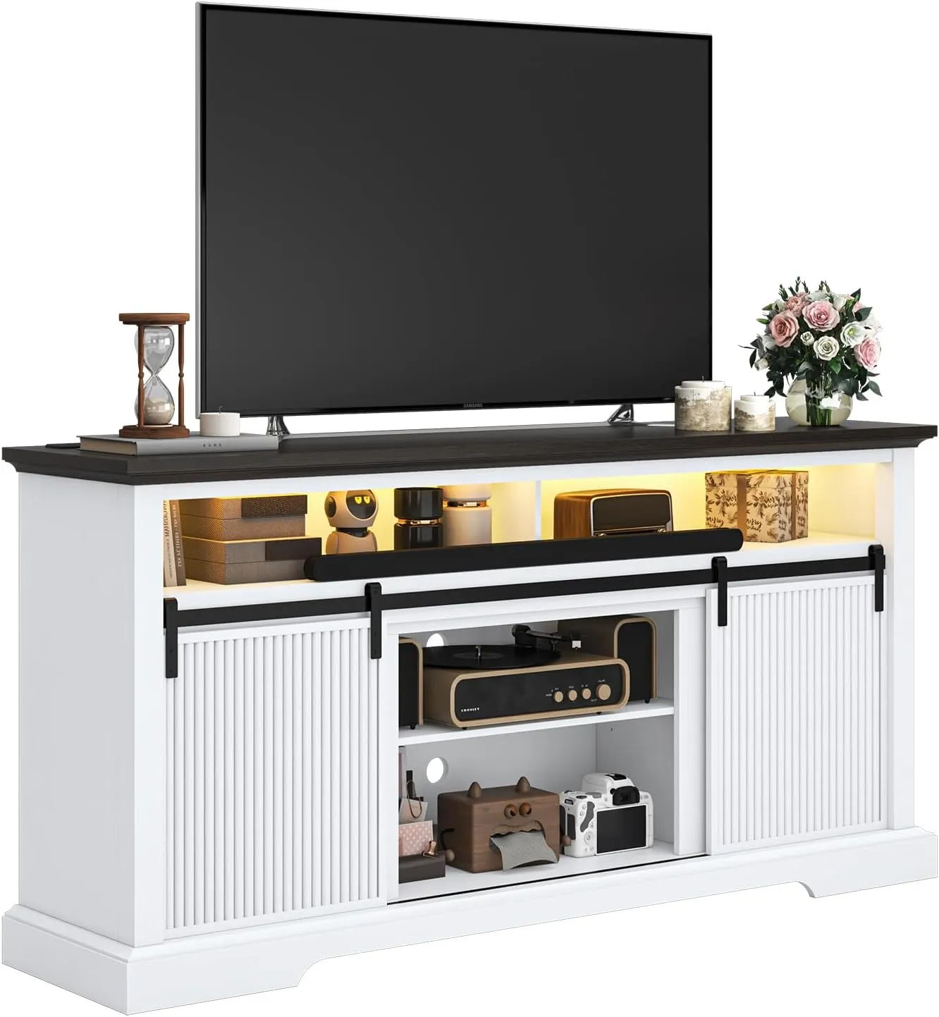 Fluted TV Stands for 75 Inch TV, 32" Tall Entertainment Center with Led, Outlet, Sliding Door & Storage Cabinet, Modern Media Console for Living Room & Bedroom, Television Stand for 70, 65", White