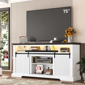 Fluted TV Stands for 75 Inch TV, 32" Tall Entertainment Center with Led, Outlet, Sliding Door & Storage Cabinet, Modern Media Console for Living Room & Bedroom, Television Stand for 70, 65", White