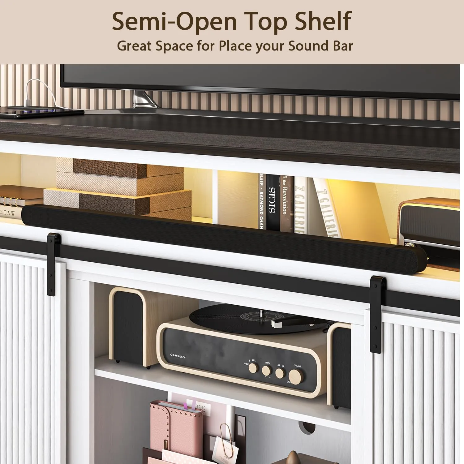 Fluted TV Stands for 75 Inch TV, 32" Tall Entertainment Center with Led, Outlet, Sliding Door & Storage Cabinet, Modern Media Console for Living Room & Bedroom, Television Stand for 70, 65", White