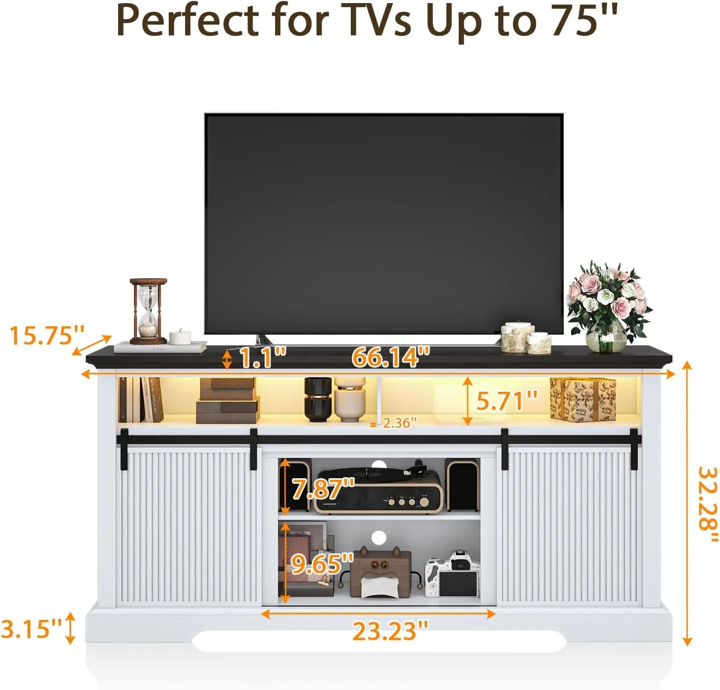 Fluted TV Stands for 75 Inch TV, 32" Tall Entertainment Center with Led, Outlet, Sliding Door & Storage Cabinet, Modern Media Console for Living Room & Bedroom, Television Stand for 70, 65", White