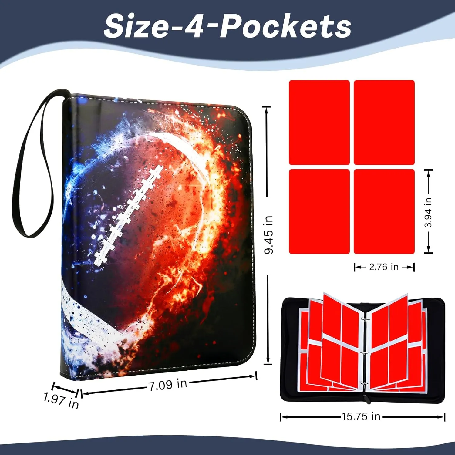 Football Card Binder with 4 Pockets, Trade Binder Fits 400 Cards with 50 Pages, Portable Collection Card Book, Game Sports Card with Photo Albums with Zipper for Gifts-Black