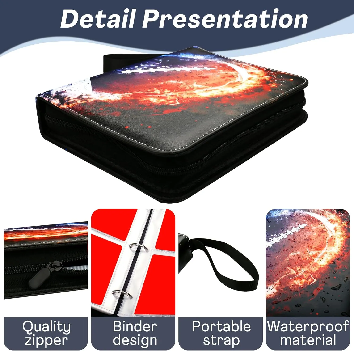 Football Card Binder with 4 Pockets, Trade Binder Fits 400 Cards with 50 Pages, Portable Collection Card Book, Game Sports Card with Photo Albums with Zipper for Gifts-Black