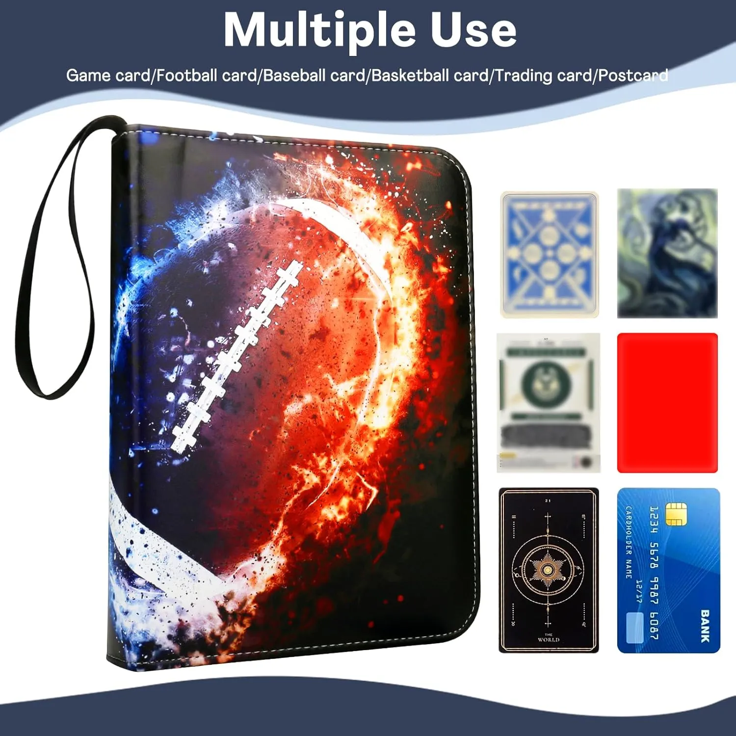 Football Card Binder with 4 Pockets, Trade Binder Fits 400 Cards with 50 Pages, Portable Collection Card Book, Game Sports Card with Photo Albums with Zipper for Gifts-Black