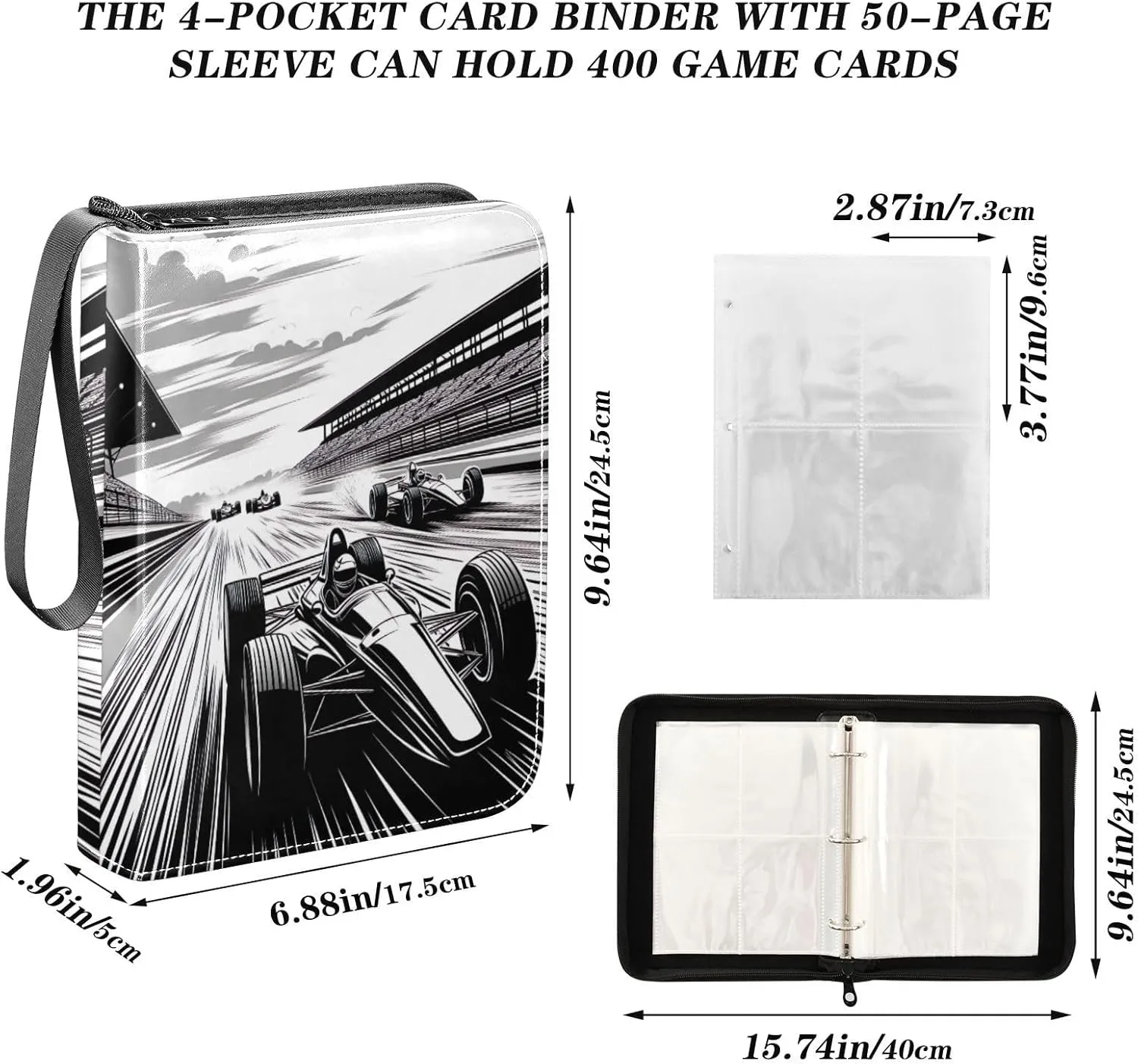 Formula Racing Black Card Binders, Trading Card 3 Ring Binder with Sleeves Card Collector Book