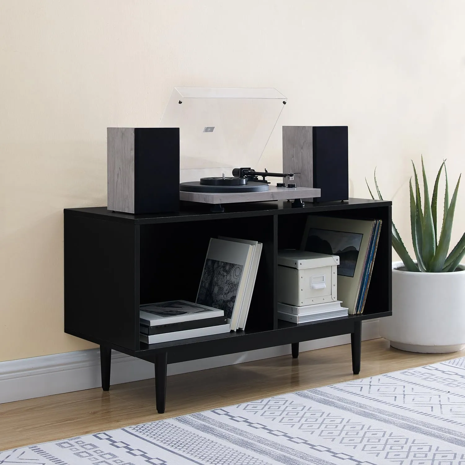 French Fabulous Record Storage Console Cabinet with Adjustable Feature, Rustic Cabinet Style Black/Medium