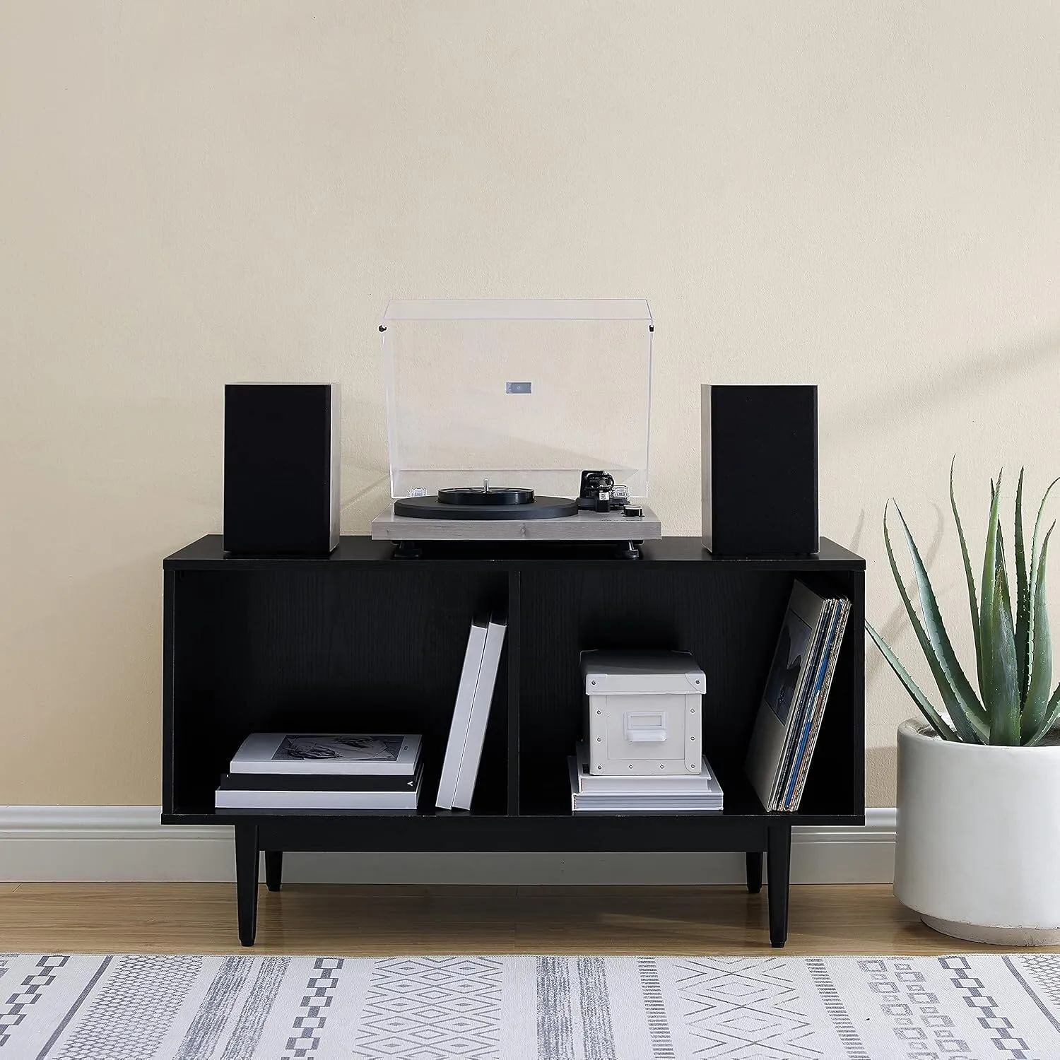 French Fabulous Record Storage Console Cabinet with Adjustable Feature, Rustic Cabinet Style Black/Medium