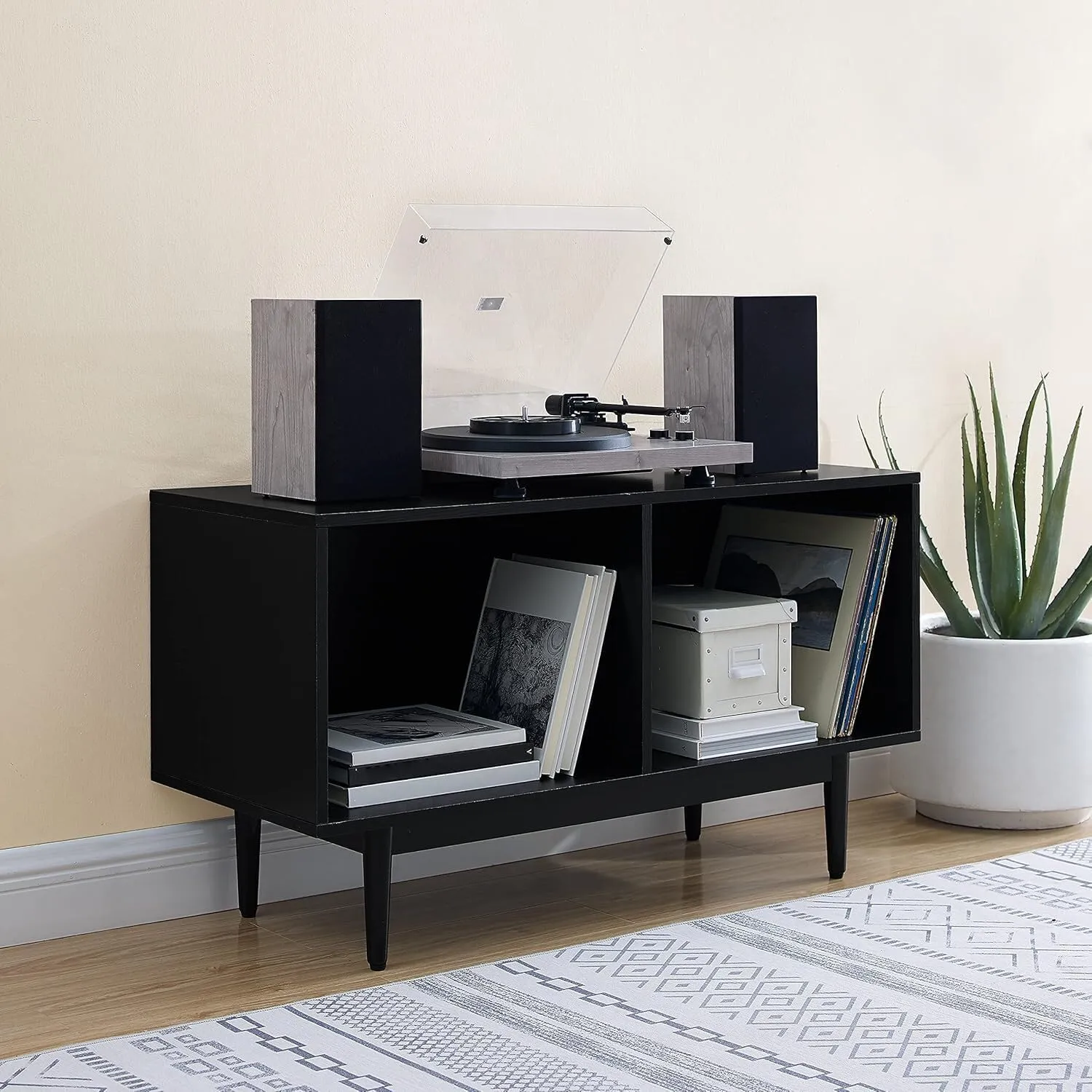 French Fabulous Record Storage Console Cabinet with Adjustable Feature, Rustic Cabinet Style Black/Medium