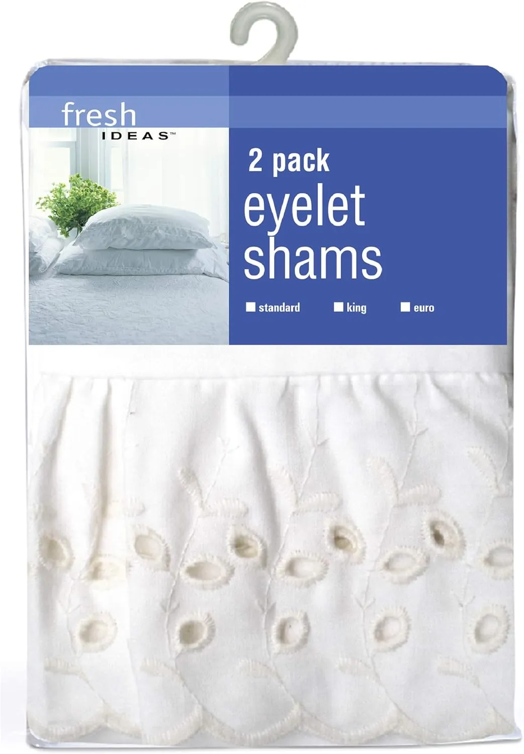 FRESH IDEAS Ruffled Bed Pillow Embroidered Detail Eyelet Shams Set, Standard 2-Pack, White