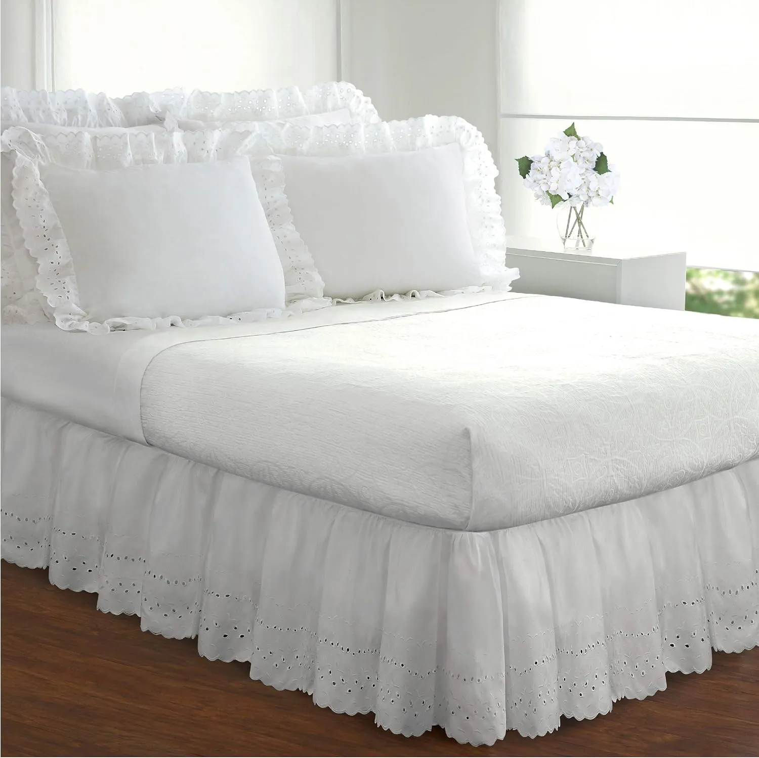 FRESH IDEAS Ruffled Bed Pillow Embroidered Detail Eyelet Shams Set, Standard 2-Pack, White