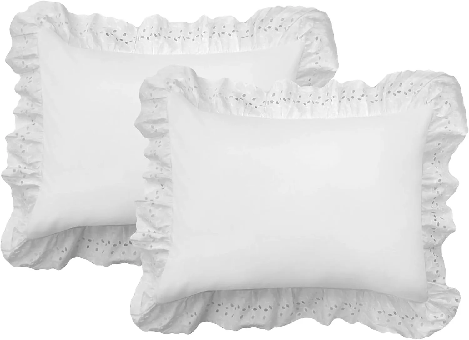 FRESH IDEAS Ruffled Bed Pillow Embroidered Detail Eyelet Shams Set, Standard 2-Pack, White