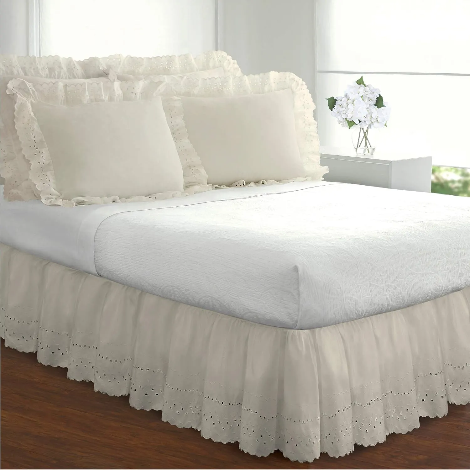 FRESH IDEAS Ruffled Bed Pillow Shams with Embroidered Eyelet Detail, Standard, Ivory, 2-Pack