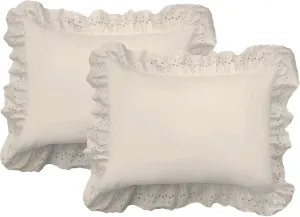 FRESH IDEAS Ruffled Bed Pillow Shams with Embroidered Eyelet Detail, Standard, Ivory, 2-Pack