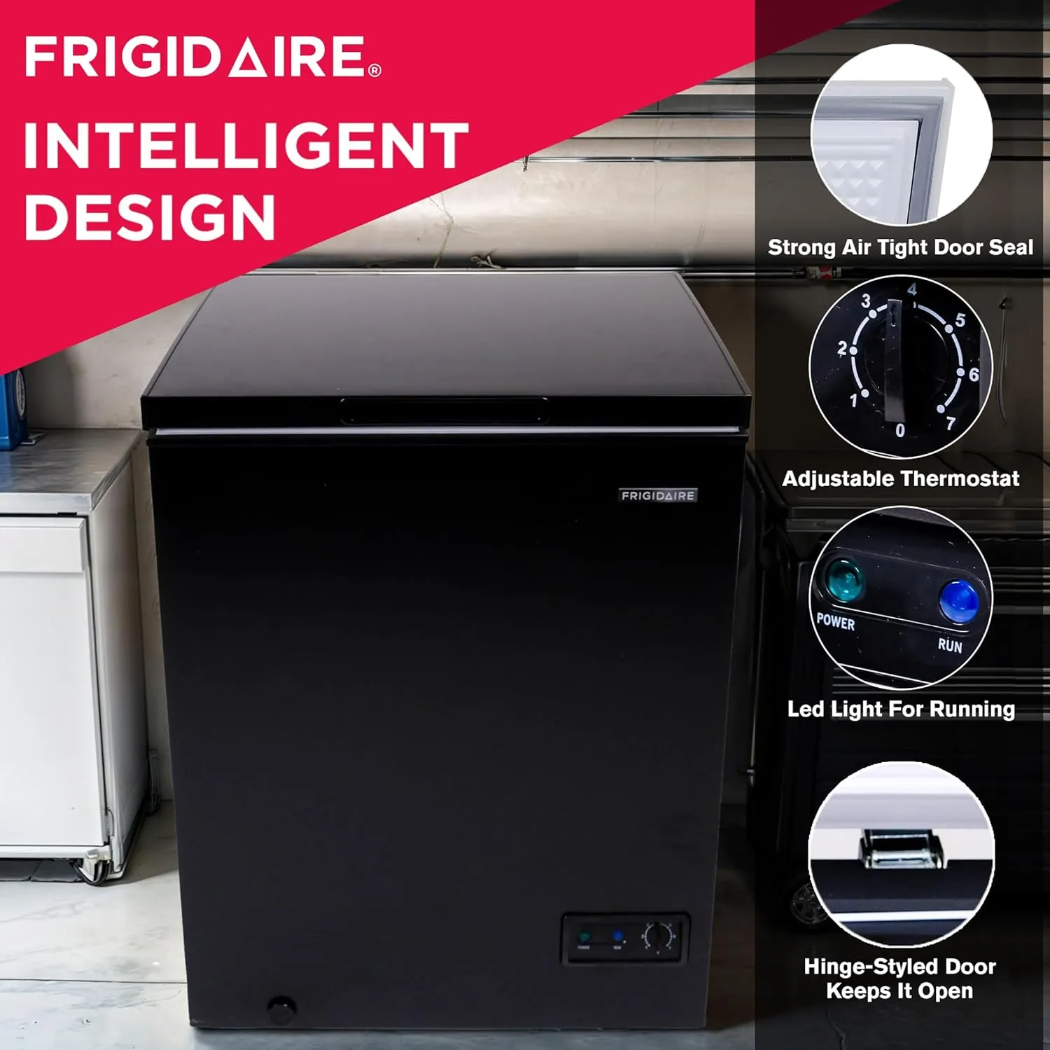 FRIGIDAIRE EFRF5003-BLACK Chest Deep Freezer-Garage-Ready, 5.0 Cu. Ft. Capacity, Black-Adjustable Thermostat-Removable Vinyl Coated Wire Basket-Easy Defrost Drain
