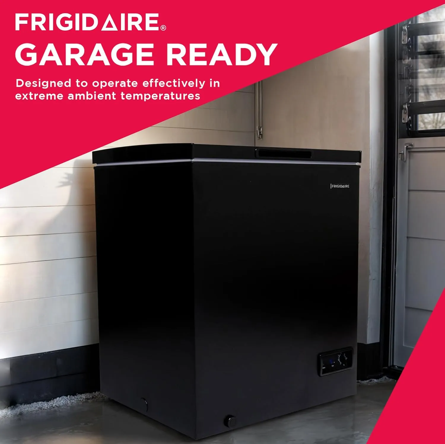 FRIGIDAIRE EFRF5003-BLACK Chest Deep Freezer-Garage-Ready, 5.0 Cu. Ft. Capacity, Black-Adjustable Thermostat-Removable Vinyl Coated Wire Basket-Easy Defrost Drain