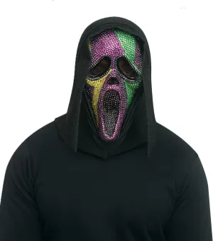 Fun World Ghost Face Mardi Gras Bling Full Mask- Officially Licensed- One Size Fits Most- Purple, Green and Gold Bling with Black Shimmer Shroud, GhostFaceMardiGras16