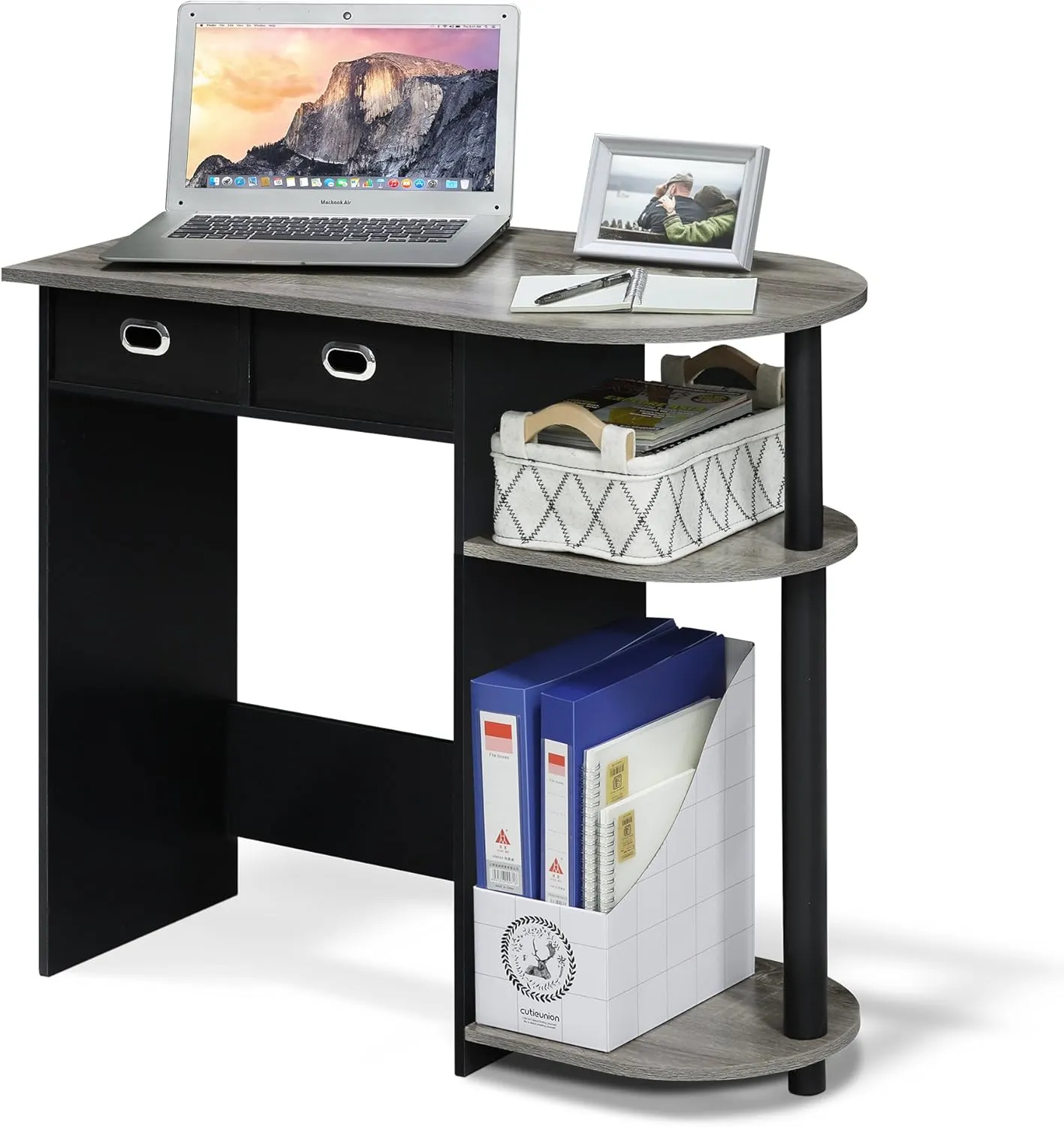 Furinno Go Green Home Laptop Notebook Computer Desk/Table with 2 Drawer Bins, French Oak Grey/Black/Black