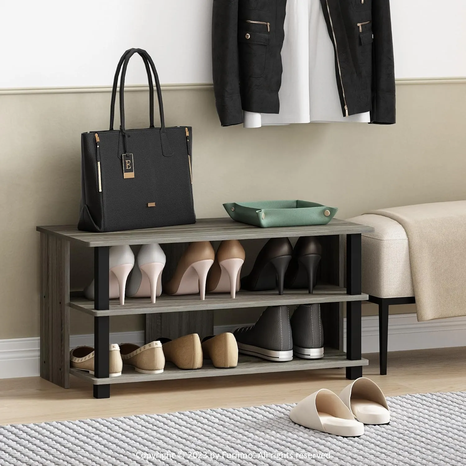 Furinno Sully 3-Tier Stand for TV up to 40, French Oak Grey/Black