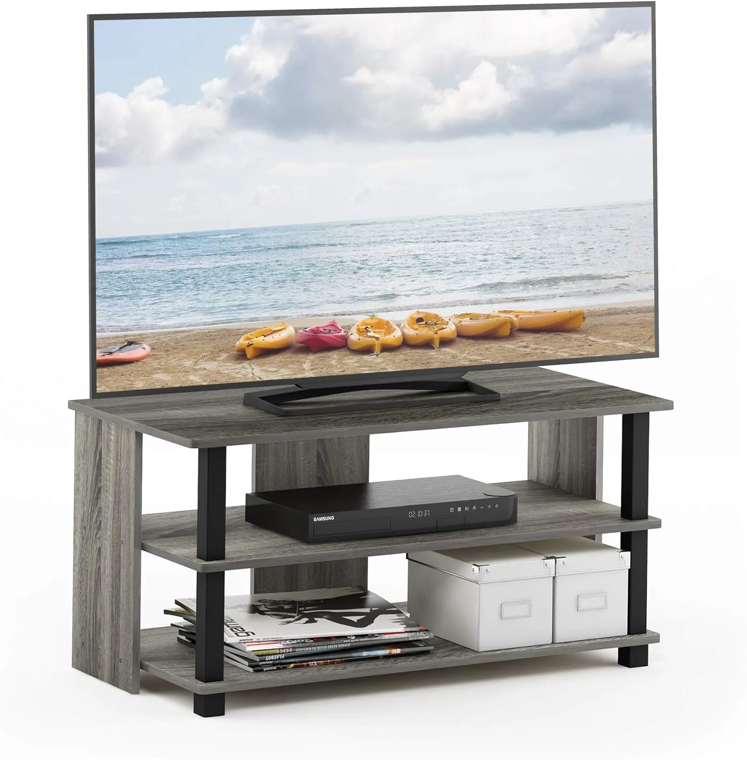 Furinno Sully 3-Tier Stand for TV up to 40, French Oak Grey/Black