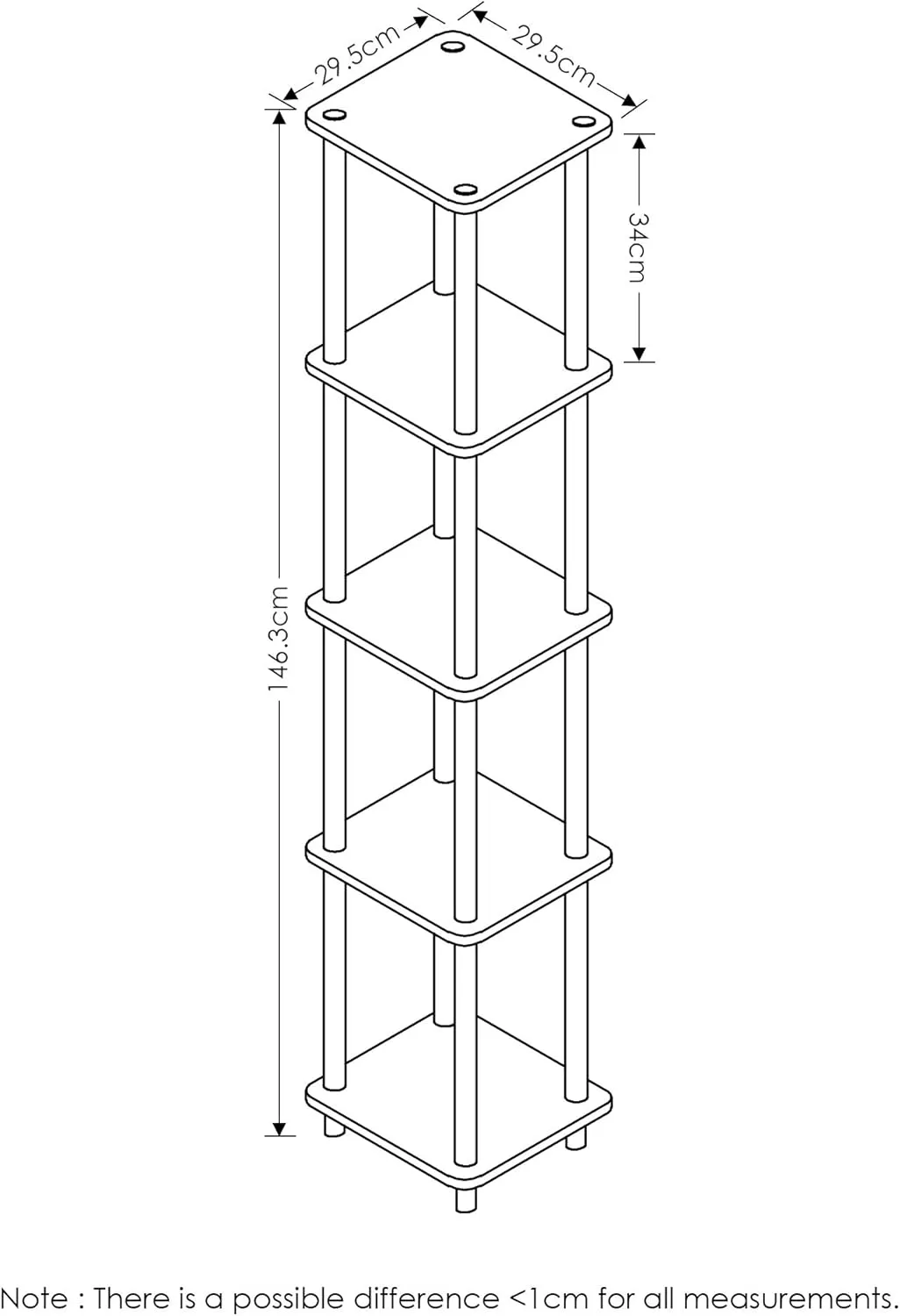 FURINNO Turn-N-Tube 5-Tier Corner Square Rack Display Shelf, Round, French Oak Grey/Black
