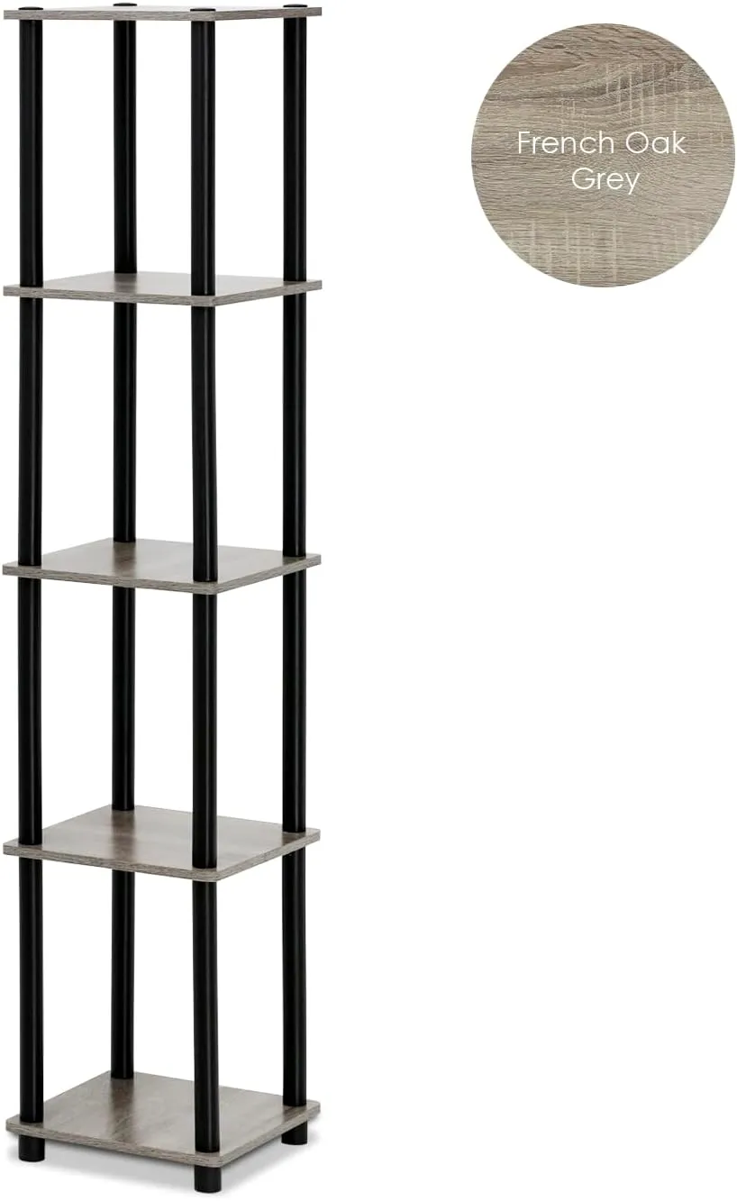 FURINNO Turn-N-Tube 5-Tier Corner Square Rack Display Shelf, Round, French Oak Grey/Black