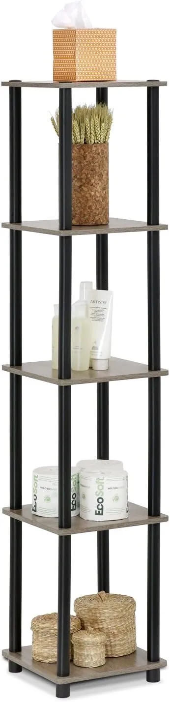 FURINNO Turn-N-Tube 5-Tier Corner Square Rack Display Shelf, Round, French Oak Grey/Black