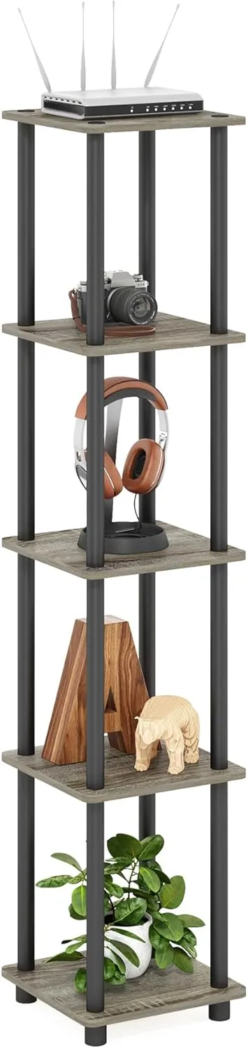 FURINNO Turn-N-Tube 5-Tier Corner Square Rack Display Shelf, Round, French Oak Grey/Black