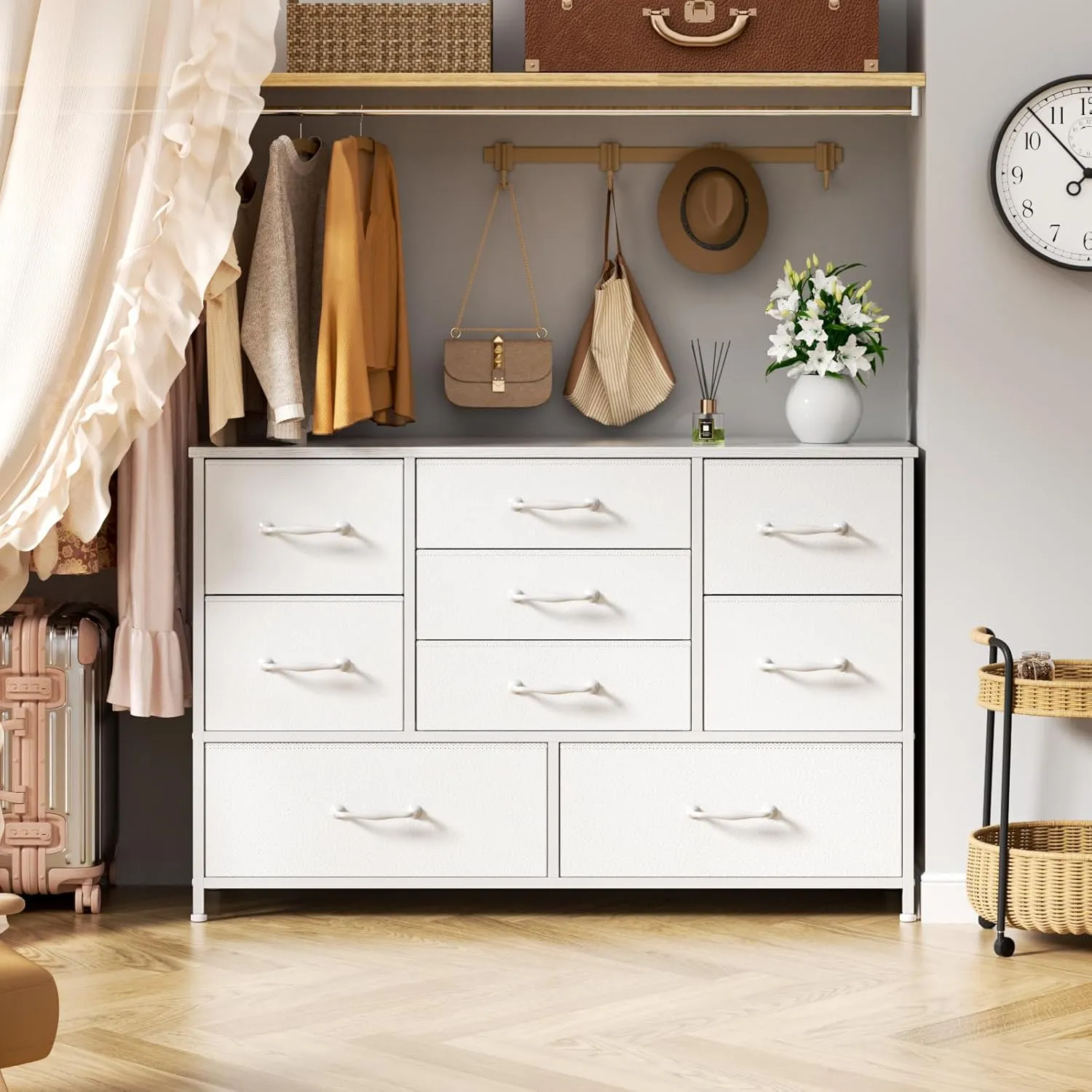 Furnulem White Dresser with 9 Large Drawers for 55'' Long TV Stand Entertainment Center, Wide Wood Shelf Storage for Bedroom,Living Room,Closet,Entryway,Sturdy Metal Frame