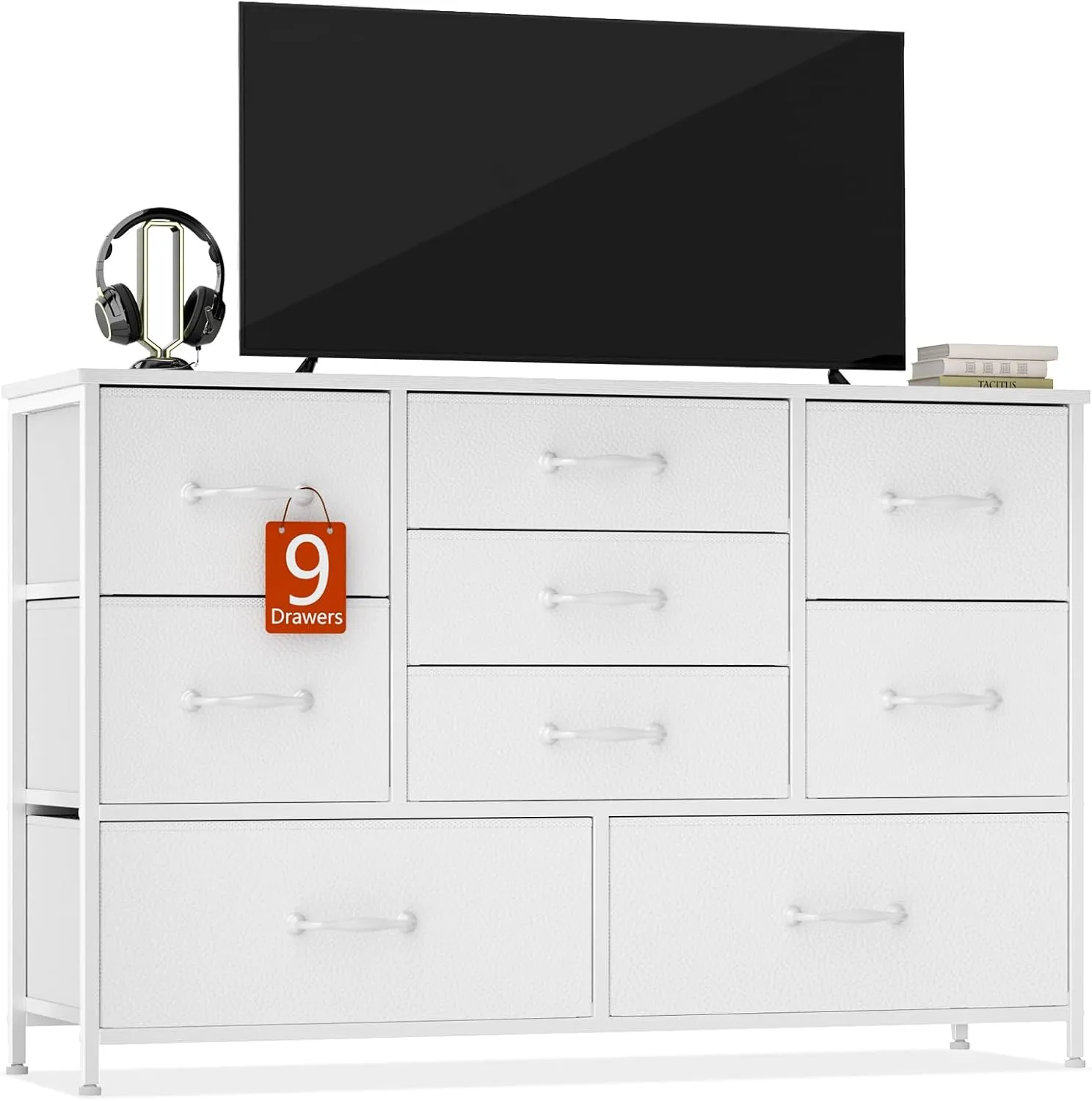 Furnulem White Dresser with 9 Large Drawers for 55'' Long TV Stand Entertainment Center, Wide Wood Shelf Storage for Bedroom,Living Room,Closet,Entryway,Sturdy Metal Frame