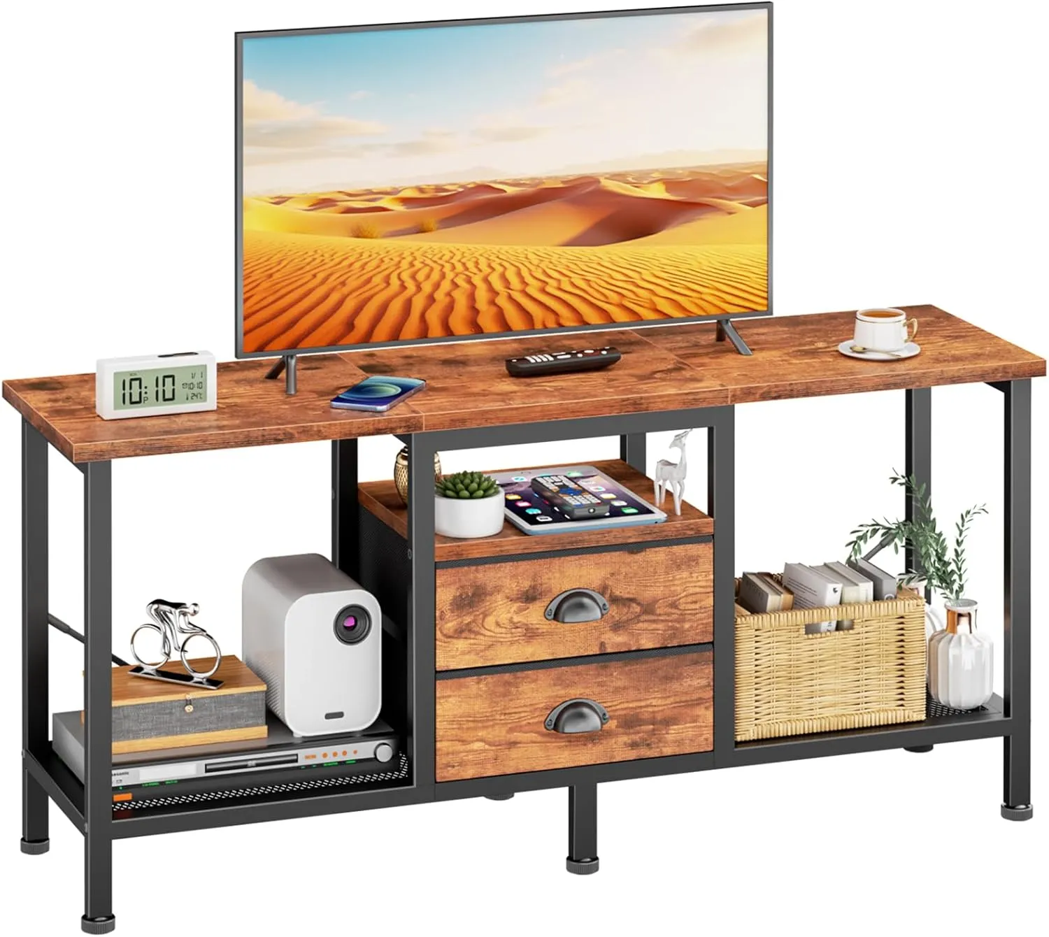 Furologee TV Stand with 2 Fabric Drawers, 42 Inch Small Entertainment Center with Open Storage Shelves, Media Console Table for Bedroom, Living Room, Rustic Brown