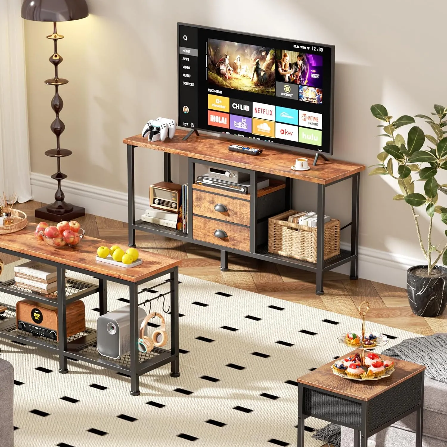 Furologee TV Stand with 2 Fabric Drawers, 42 Inch Small Entertainment Center with Open Storage Shelves, Media Console Table for Bedroom, Living Room, Rustic Brown