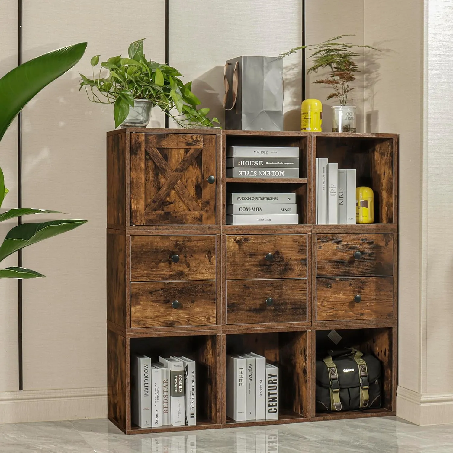 FUSUNBAO Magic DIY Cube Storage Organizer Stackable Cubes for Home Books Clothes Toy -Modular Cubby Storage System -Closet Organizer -Bookcase Closet (Antique Brown, General Cube)