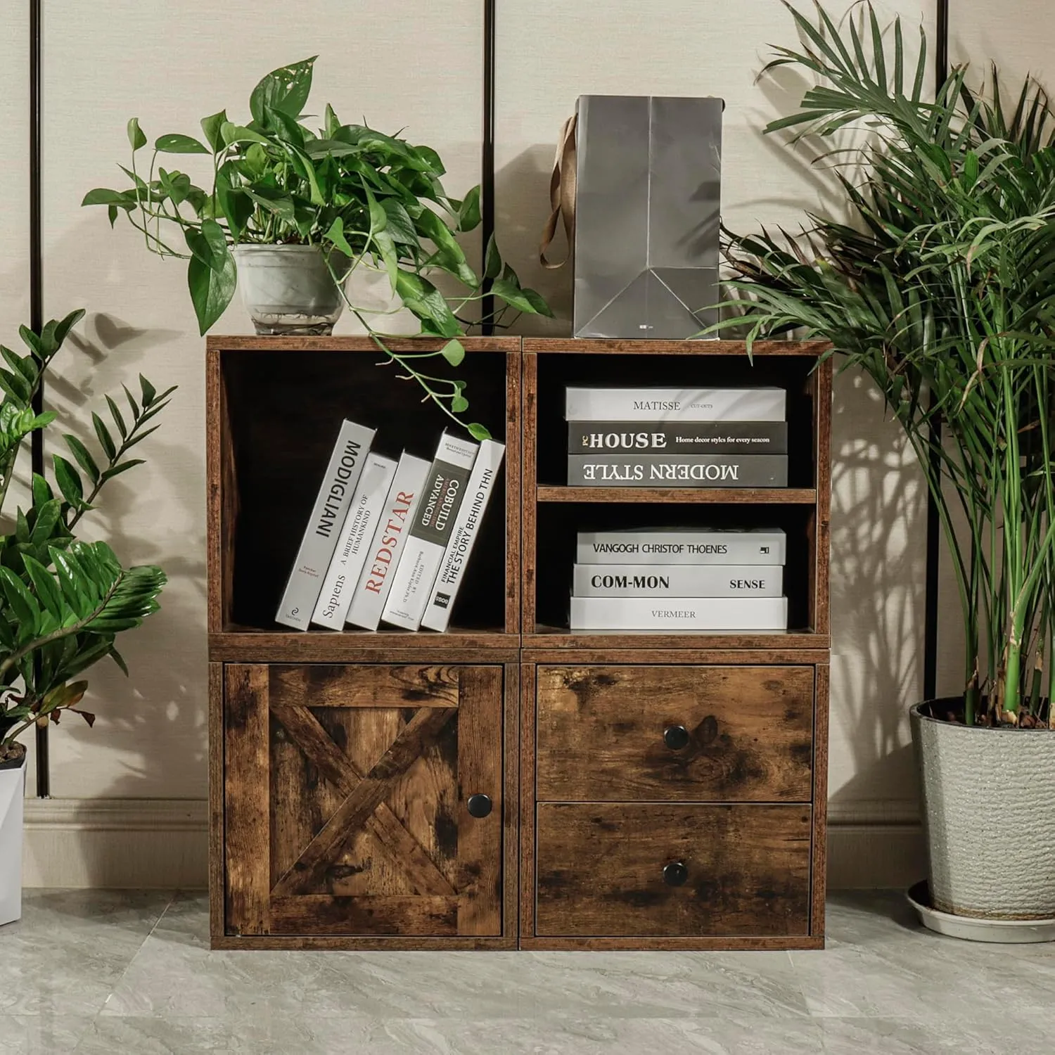FUSUNBAO Magic DIY Cube Storage Organizer Stackable Cubes for Home Books Clothes Toy -Modular Cubby Storage System -Closet Organizer -Bookcase Closet (Antique Brown, General Cube)
