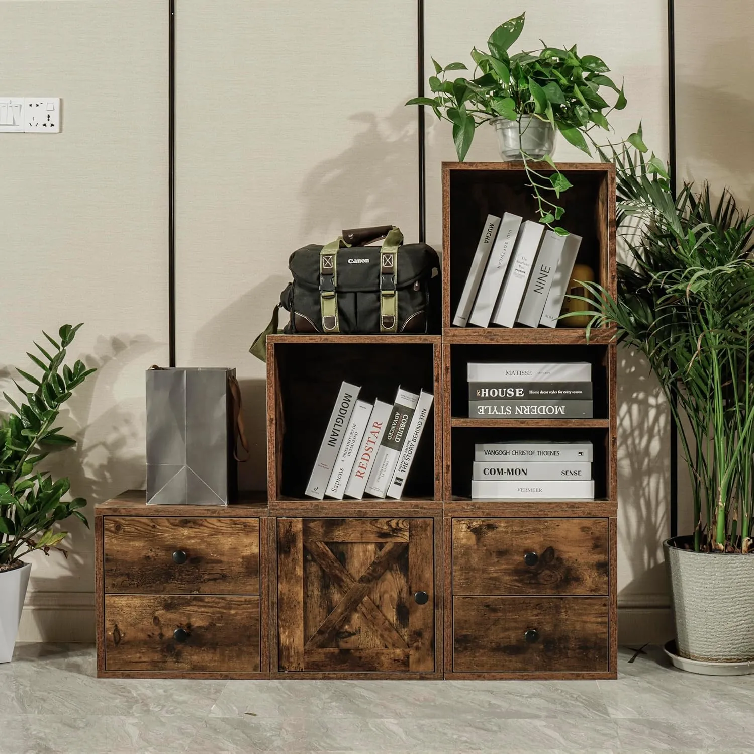FUSUNBAO Magic DIY Cube Storage Organizer Stackable Cubes for Home Books Clothes Toy -Modular Cubby Storage System -Closet Organizer -Bookcase Closet (Antique Brown, General Cube)