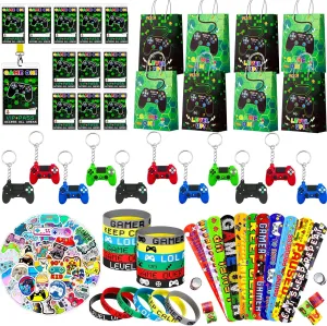 Gamer Themed Guests Gifts, 110pcs Video Game Birthday Party Favors Set Including Game Slap Bracelets Keychains Bags Wristband Vip Pass Tickets etc Video Game Theme Party Favors for Boys Kids