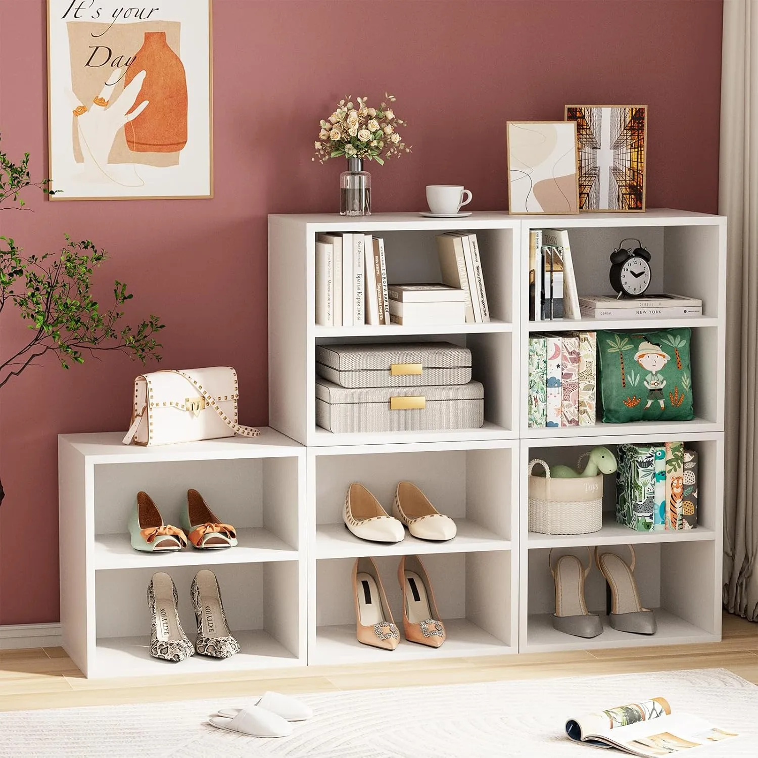 Garden 4 You Cube Organizer Shelf, 2-Tier Stackable Bookshelf, Wooden Display Bookcase with 2 Cube Storage, Small Storage Cabinet for Living Room, Bedroom - White