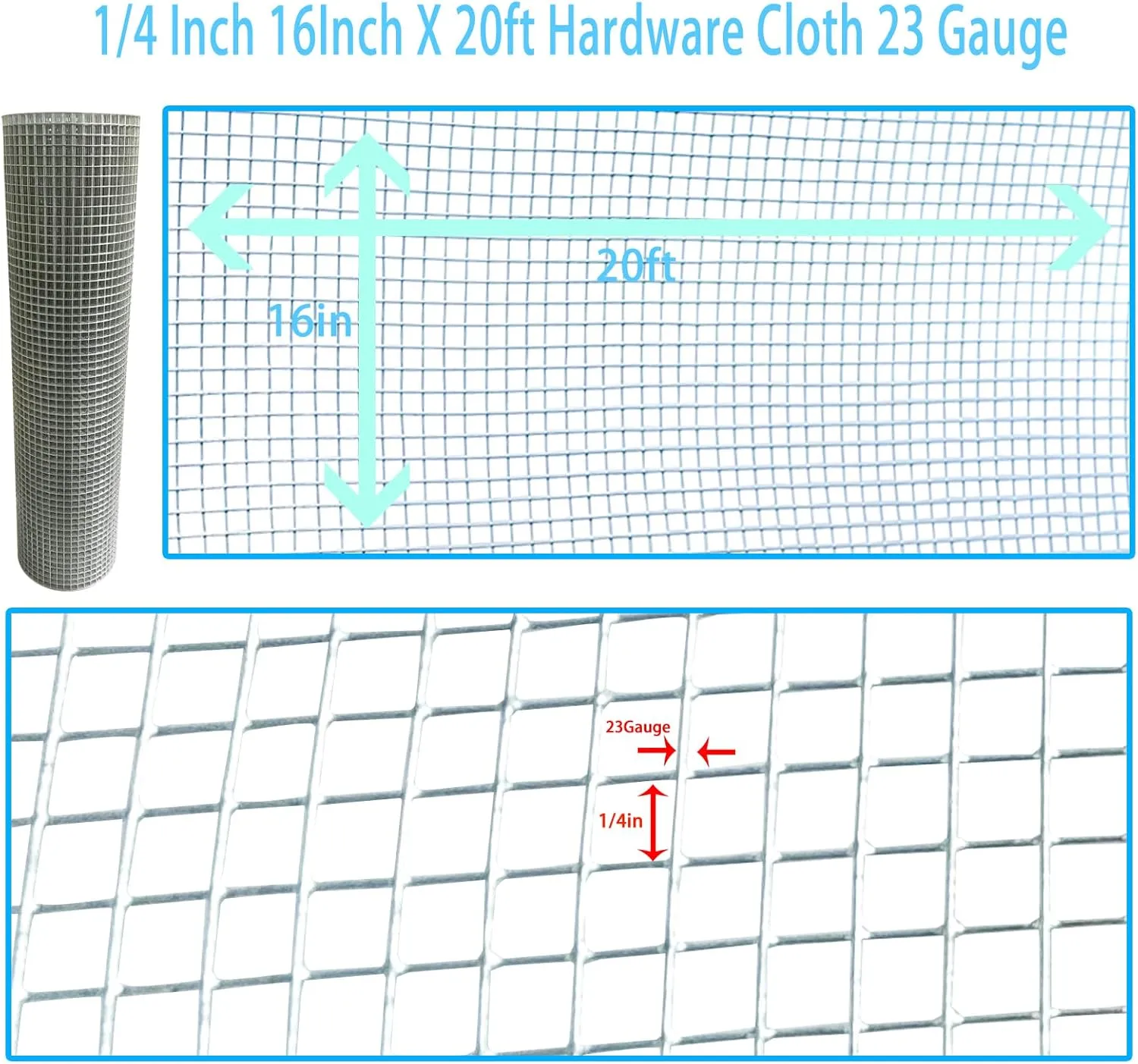 GARDEN & HOME Hardware Cloth 1/4 Inch 16in X 20ft,23 Gauge Hot Dip Galvanized After Welded Cage Mesh Roll Square Chicken Wire Netting Rabbit Fence Snake Fencing Rodent Animals Weasel Raccoons