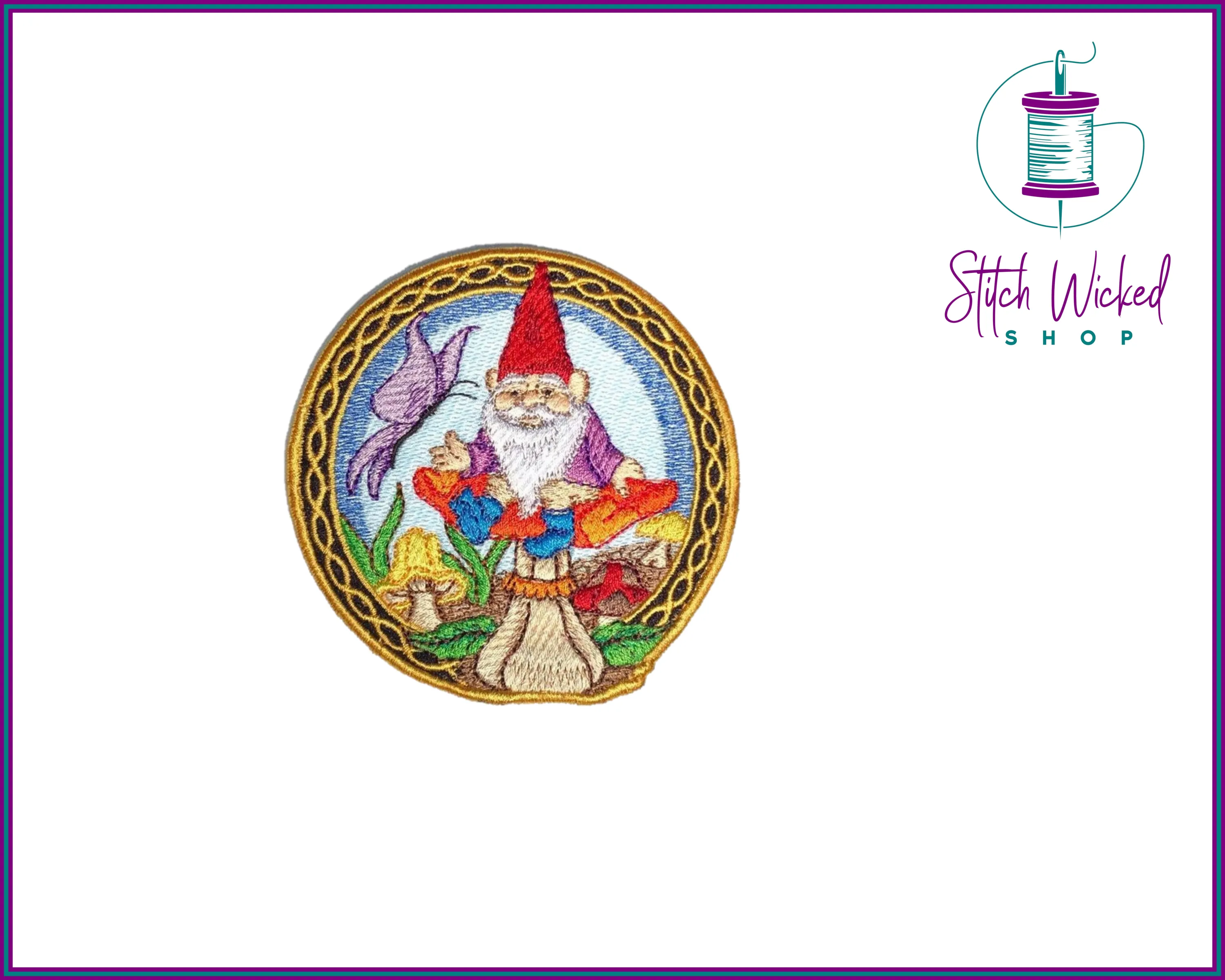 Garden Gnome Mushroom, Fully Embroidered Fantasy Patch