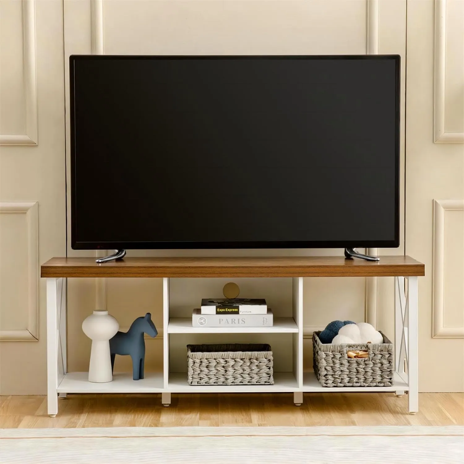 GAZHOME TV Stand for TV up to 55 Inches, TV Cabinet with Open Storage, TV Console Unit with Shelving for Living Room, Entertainment Room, White