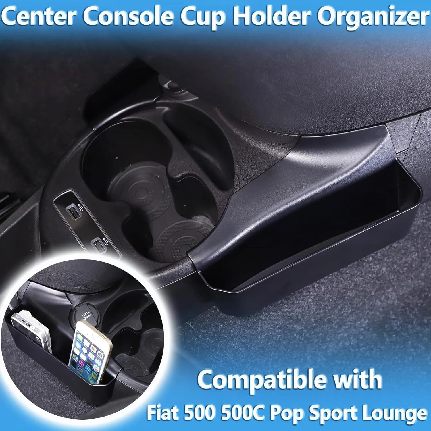 Gear Shift Organizer Tray Compatible with Fiat 500 2007-2024,Cup Holder Auxiliary Storage Box,Center Console Insert Container Secondary Storage Box Interior Accessories 2PCS (for Fiat 500 2016-2024)