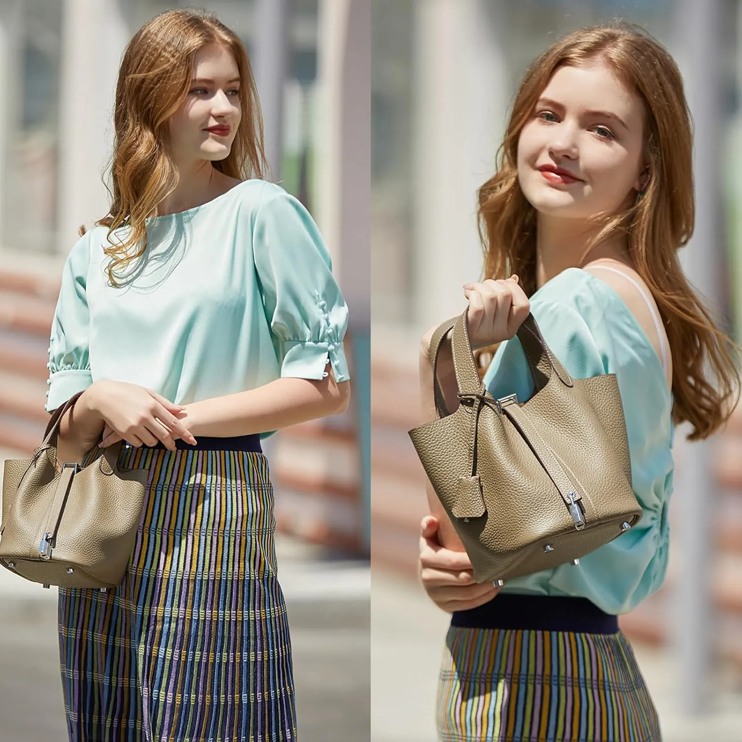 Genuine Leather Bucket Bag Purse For Women Handbag With Lock Design Versatile Shoulder Bag