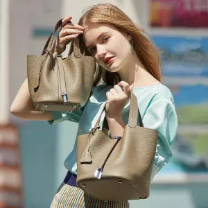 Genuine Leather Bucket Bag Purse For Women Handbag With Lock Design Versatile Shoulder Bag