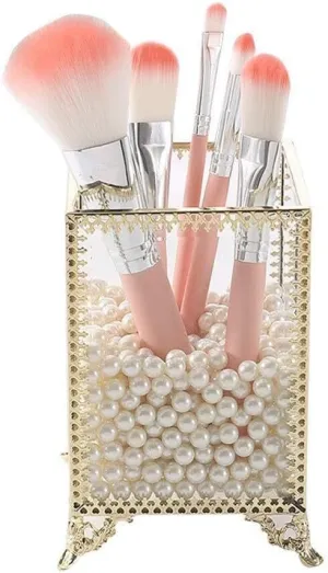 Geometric Glass Makeup Brush Holder, Jewelry Box & Desktop Organizer with Gold Transparent Finish, Cosmetic Storage for Brushes, Lipsticks, and Small Items