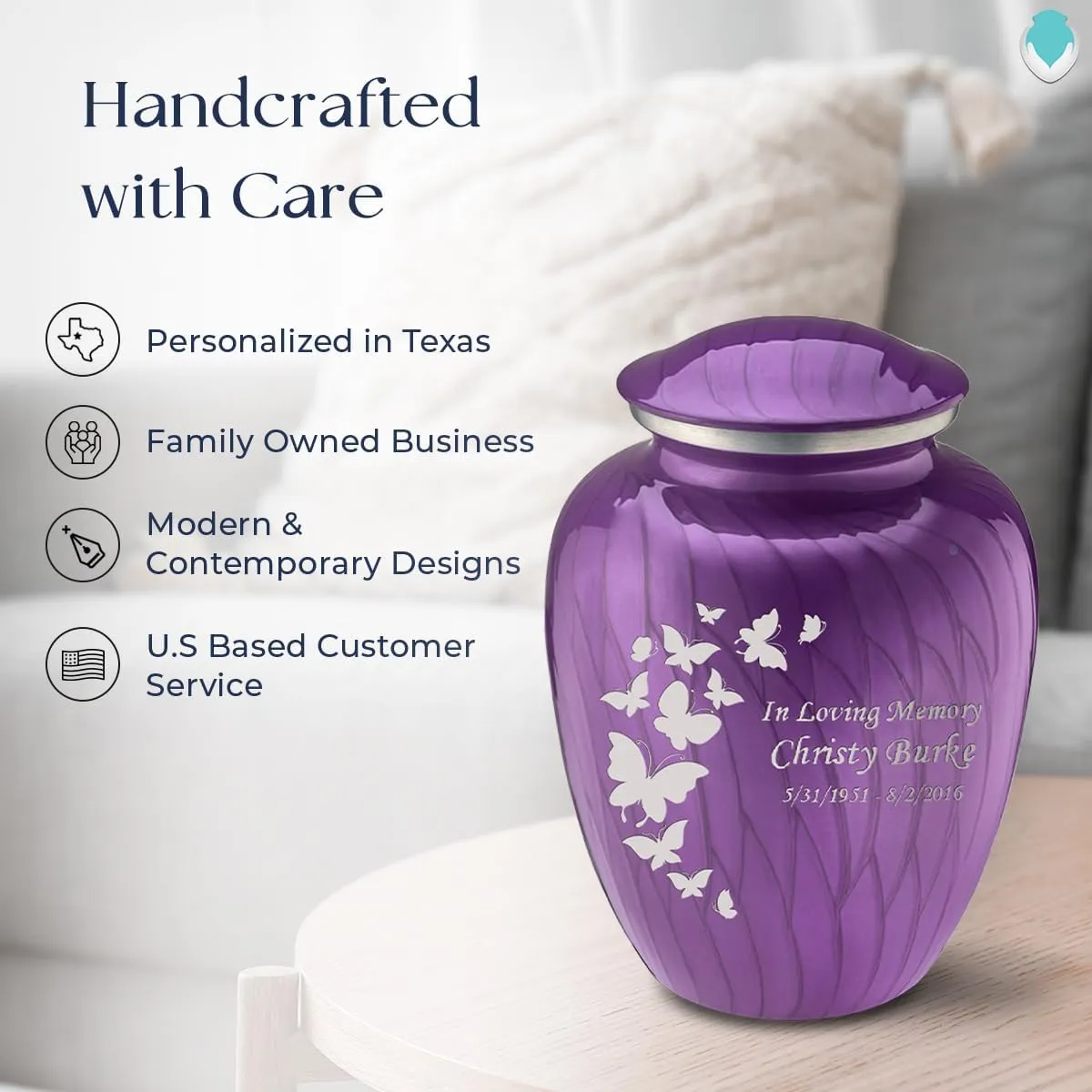 Geturns Embrace Adult Personalized Butterfly Cremation Urns for Human Ashes I Large Pearl Purple Funeral Urn for Men and Women I 200 lbs