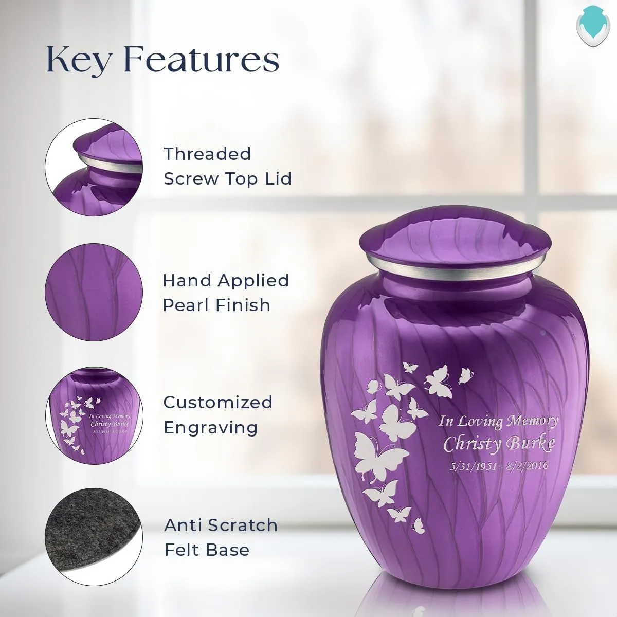 Geturns Embrace Adult Personalized Butterfly Cremation Urns for Human Ashes I Large Pearl Purple Funeral Urn for Men and Women I 200 lbs
